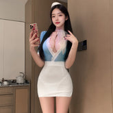 Sexy Deep V-Neck Bodycon Flight Attendant Cosplay Uniform&Stockings Set